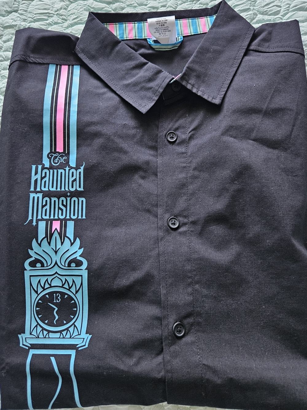 Black Haunted Mansion Button-Down Shirt with Teal & Pink Accents